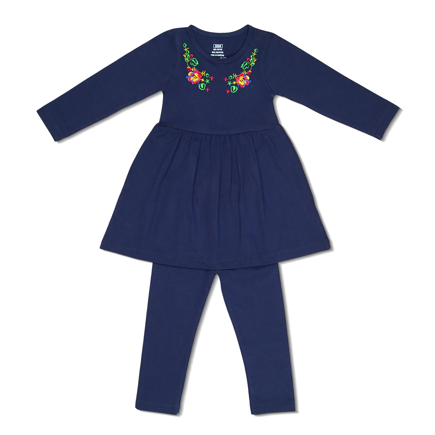 Folk Embroidered Navy Blue Frock and Trousers Set