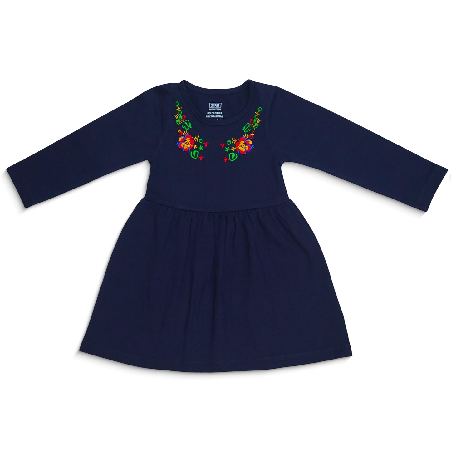 Folk Embroidered Navy Blue Frock and Trousers Set