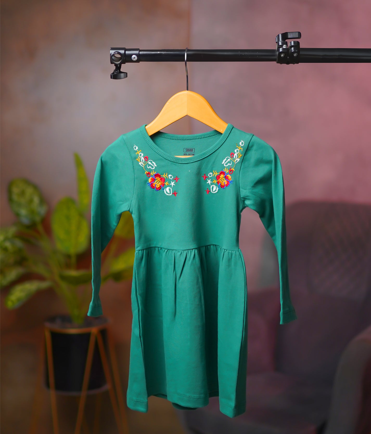 Girls Green Floral Stitches Dress