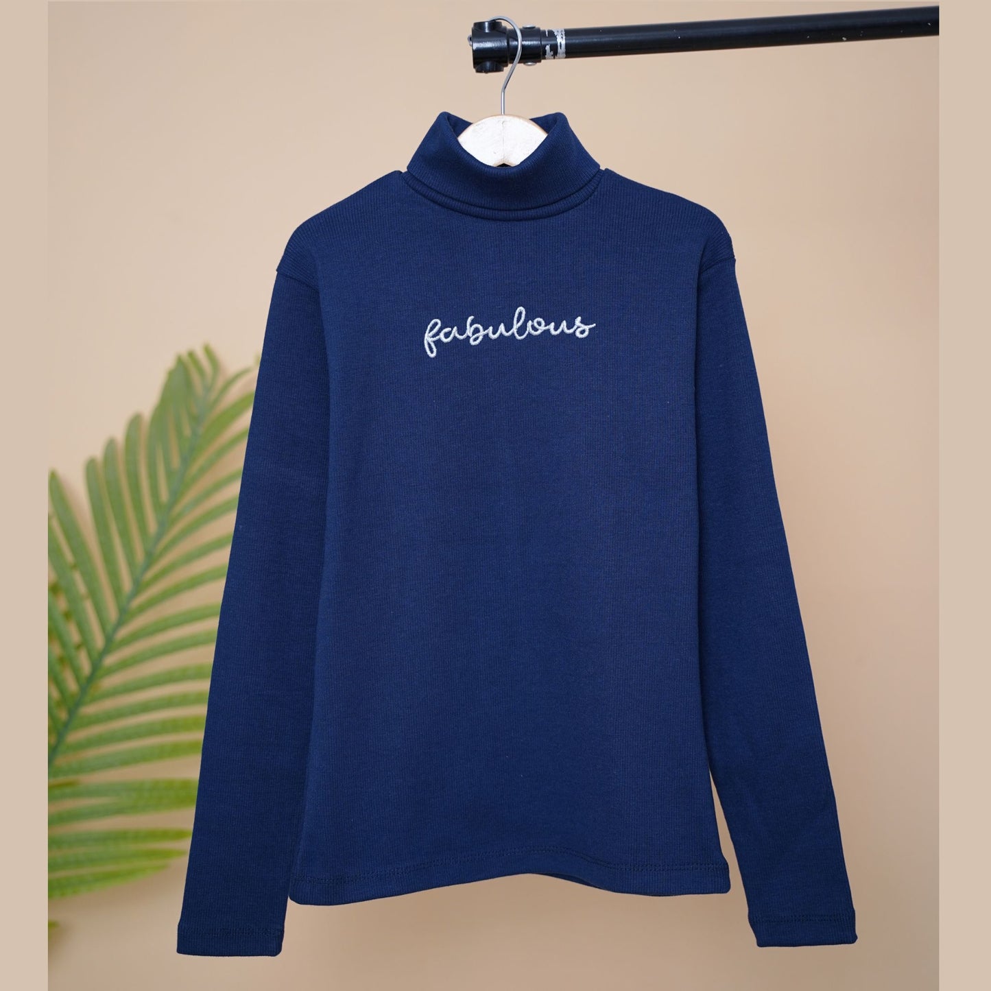 Girls' "Fabulous" Navy Blue 100% Cotton Ribbed Turtleneck