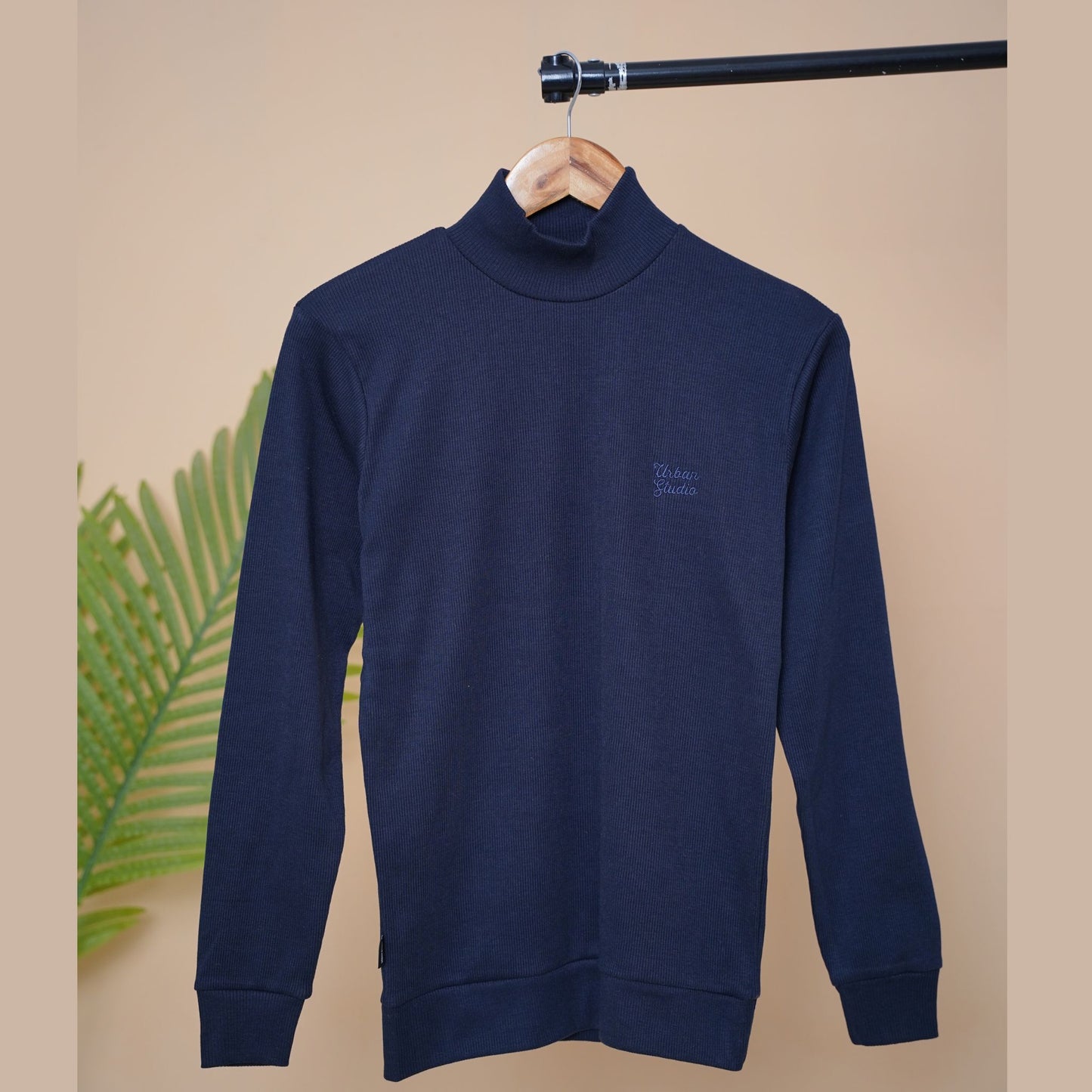 Men's Navy Rib Knit Mock Neck Sweatshirt